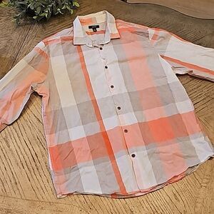 Alfani gray orange plaid button down shirt XL 100% cotton
